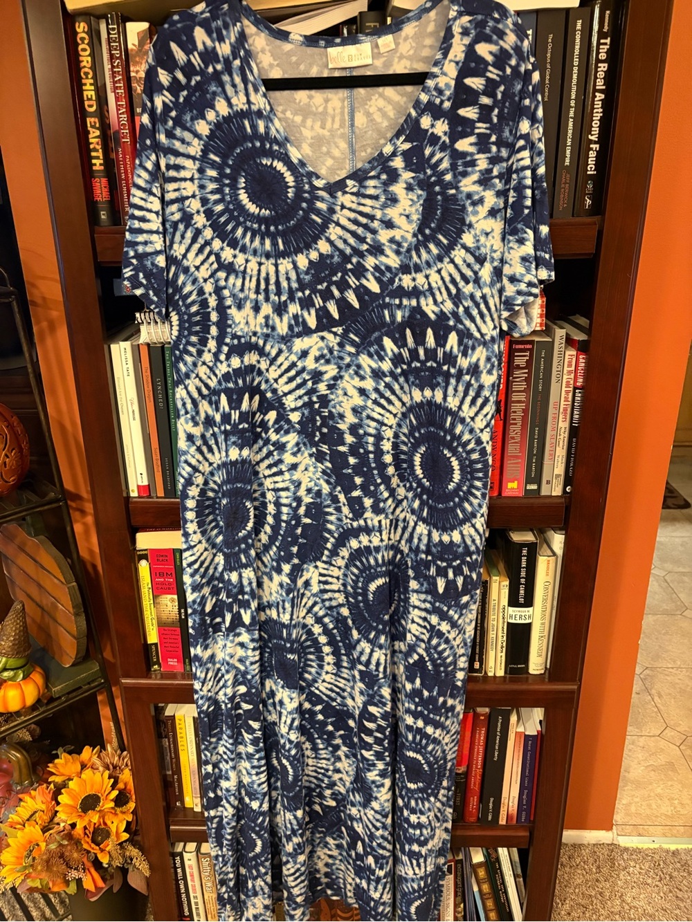 Belle by Kim Gravel Navy and White Tie-Dye V-Neck Maxi Dress - 1X Tall